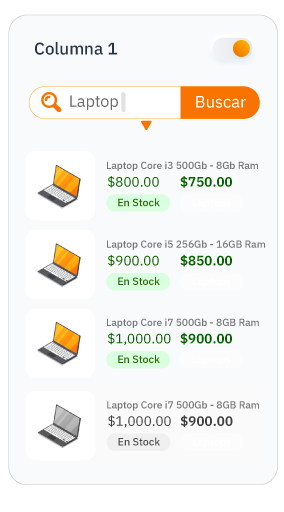 Buscador con resultados en vivo que muestran precio, descuento y disponibilidad en stock