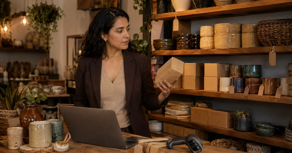 Dueña de una tienda revisando el inventario de su local