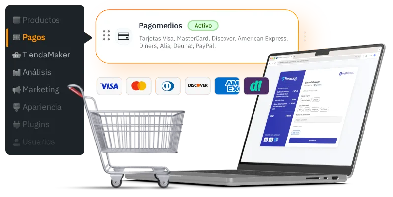 Módulo de Pagomedios activo en TiendaMaker con pagos con tarjeta, Deuna! y PayPal