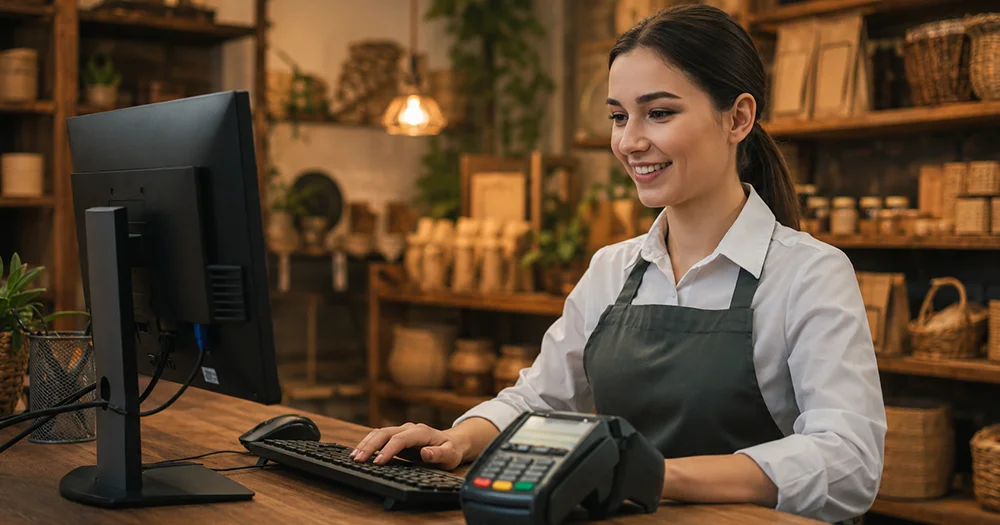 Comerciante atendiendo en su local y vendiendo también en línea con TiendaMaker